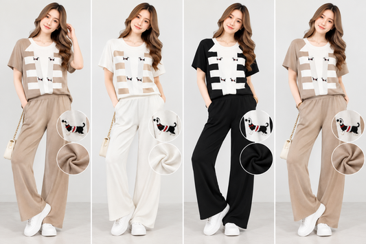 Women's dog motif knitted top and wide leg trouser co-ord set in beige ivory and black
