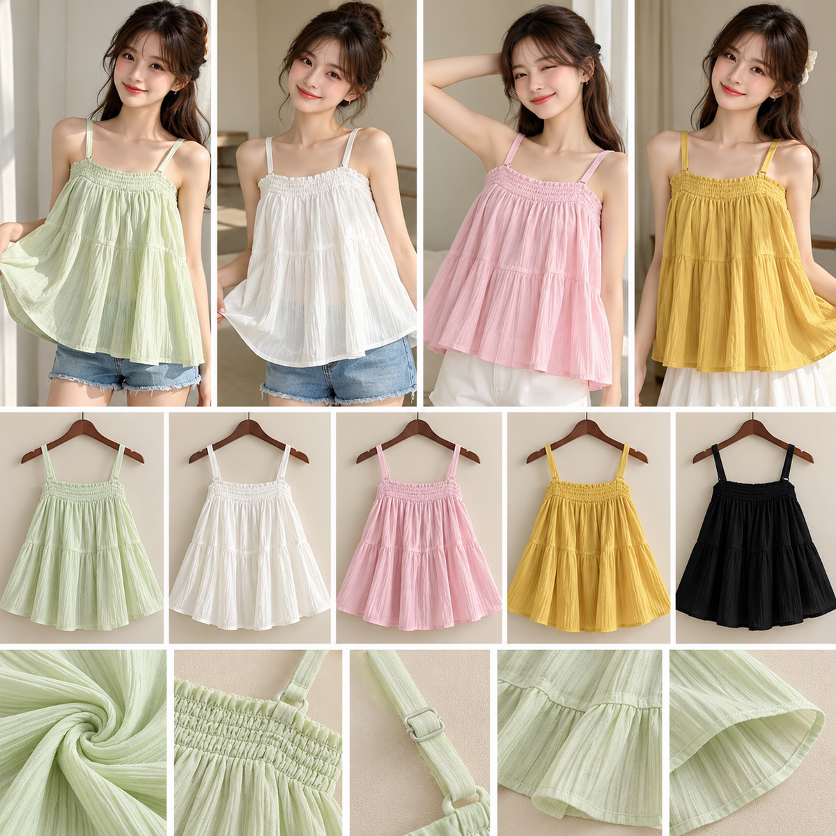 Five colour tiered smocked camisole tops for women wholesale
