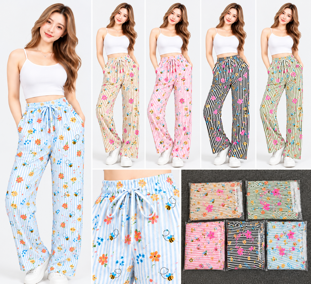 Women's floral bee striped palazzo pants in five colours, Korean wholesale India