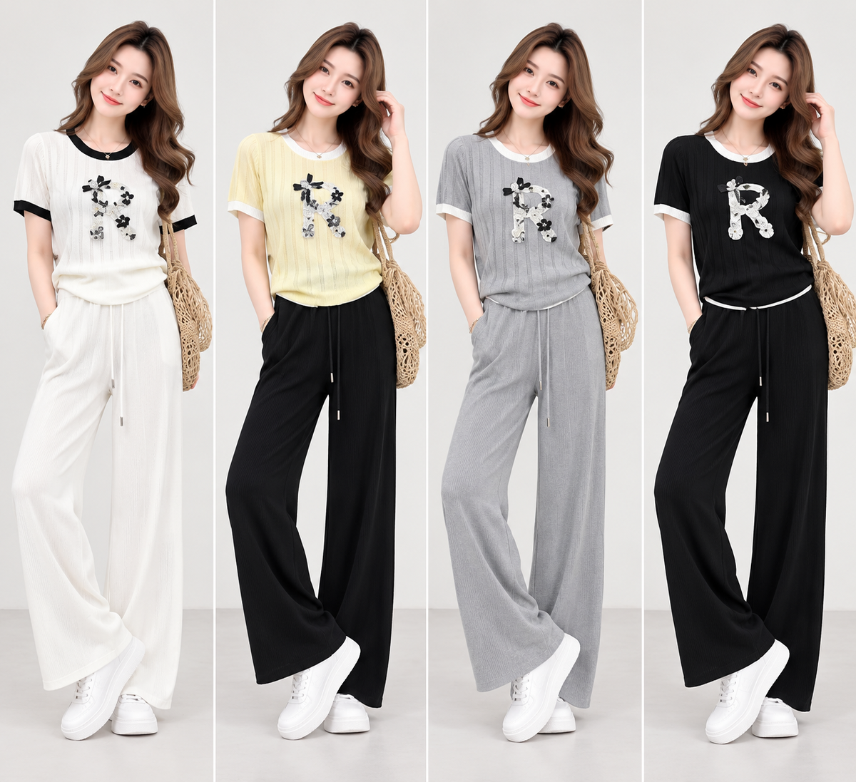 Women's floral letter R ribbed knit co-ord set in white yellow grey and black