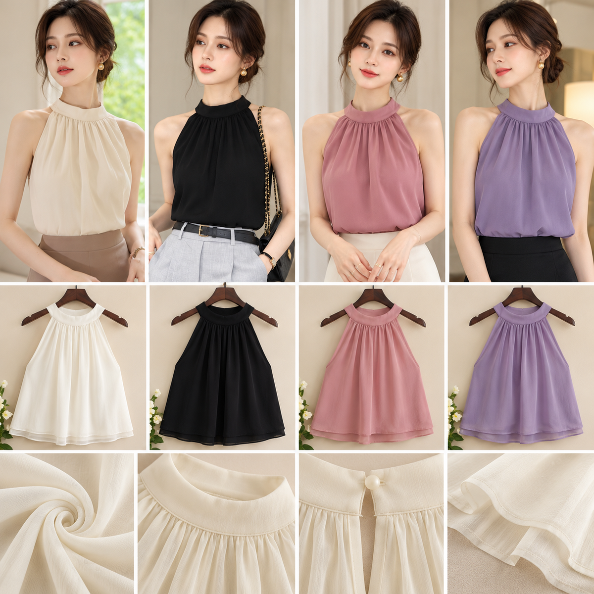 Gathered halter neck sleeveless tops in cream black dusty pink and lavender wholesale