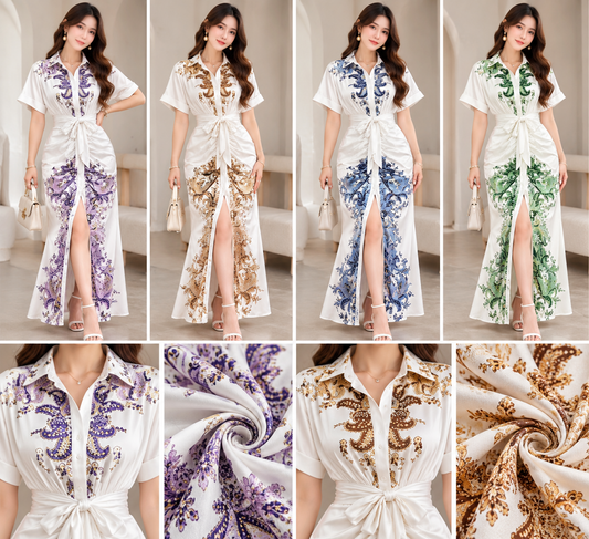 White collared tie-waist maxi dresses with ornate purple brown blue and green prints and front slit