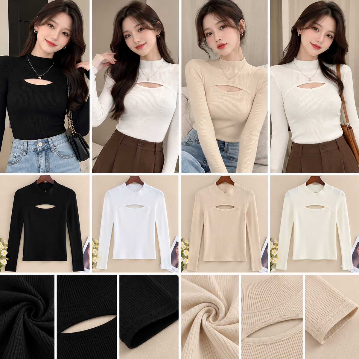 Ribbed long sleeve keyhole neck tops in four colours for wholesale