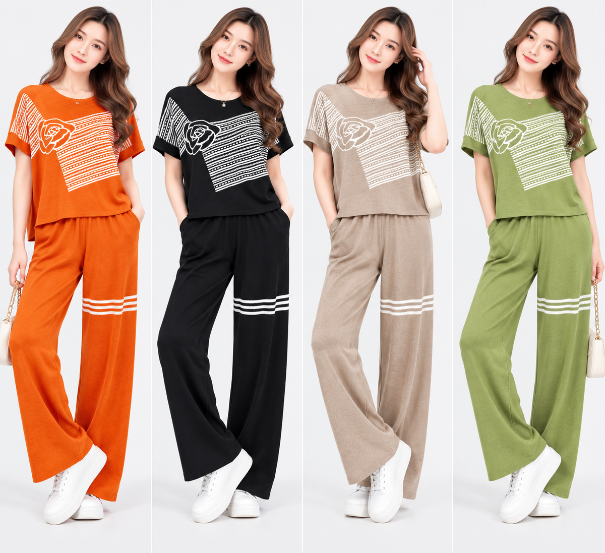 Women's rose motif striped knitted co-ord set in orange black beige and green