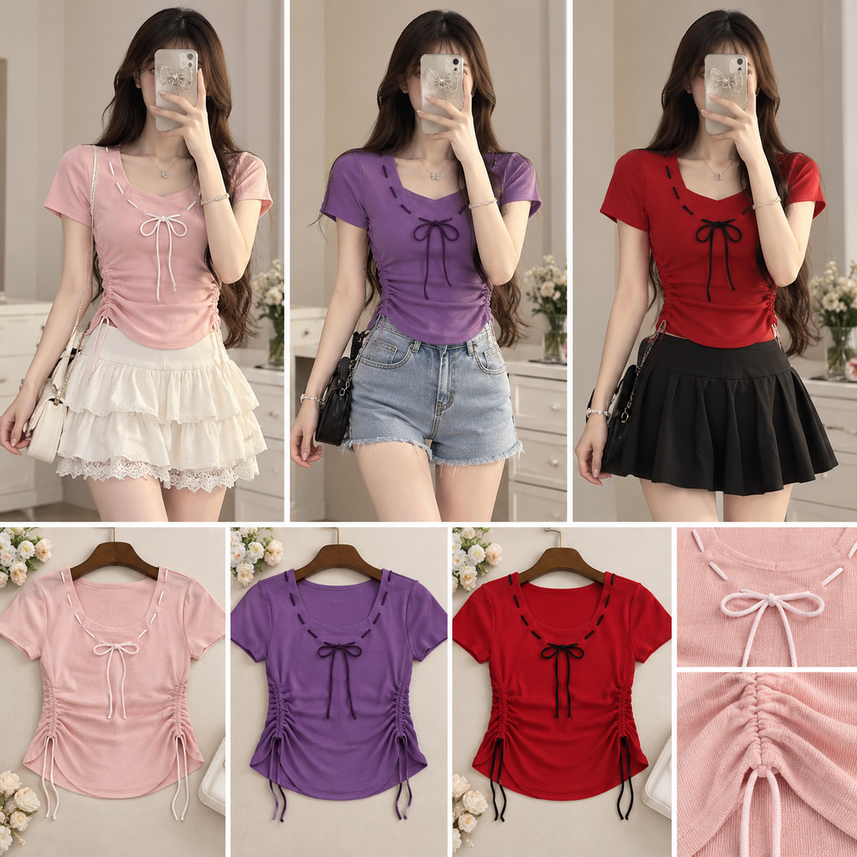 Pink purple and red short sleeve tops with neckline bow and adjustable side ruched drawstrings