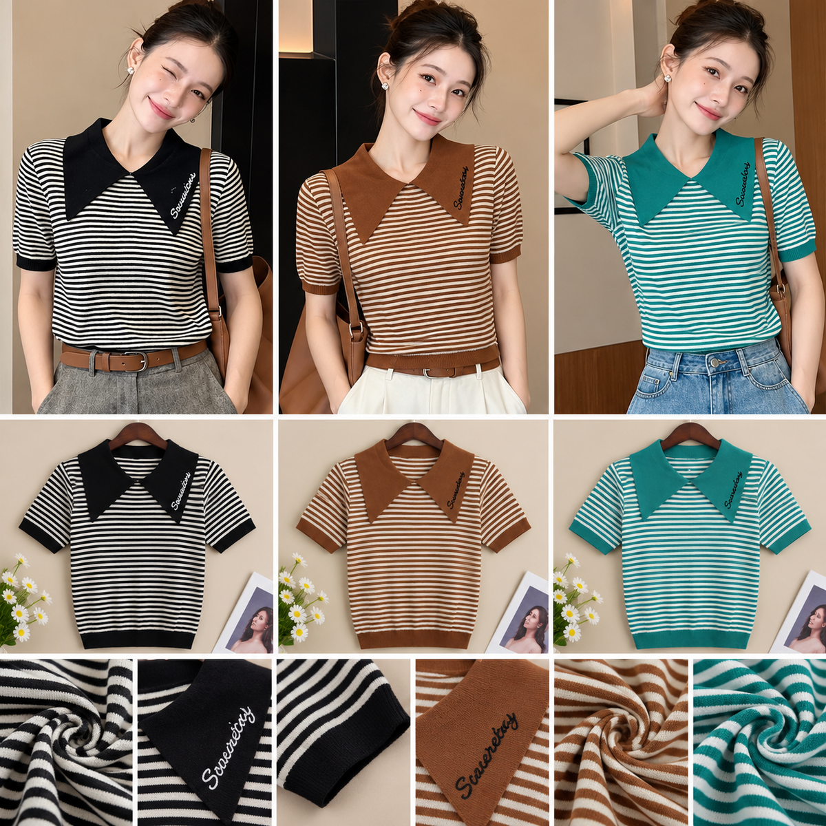 Black brown and teal striped knit polo tops on models with contrast collars and fabric details