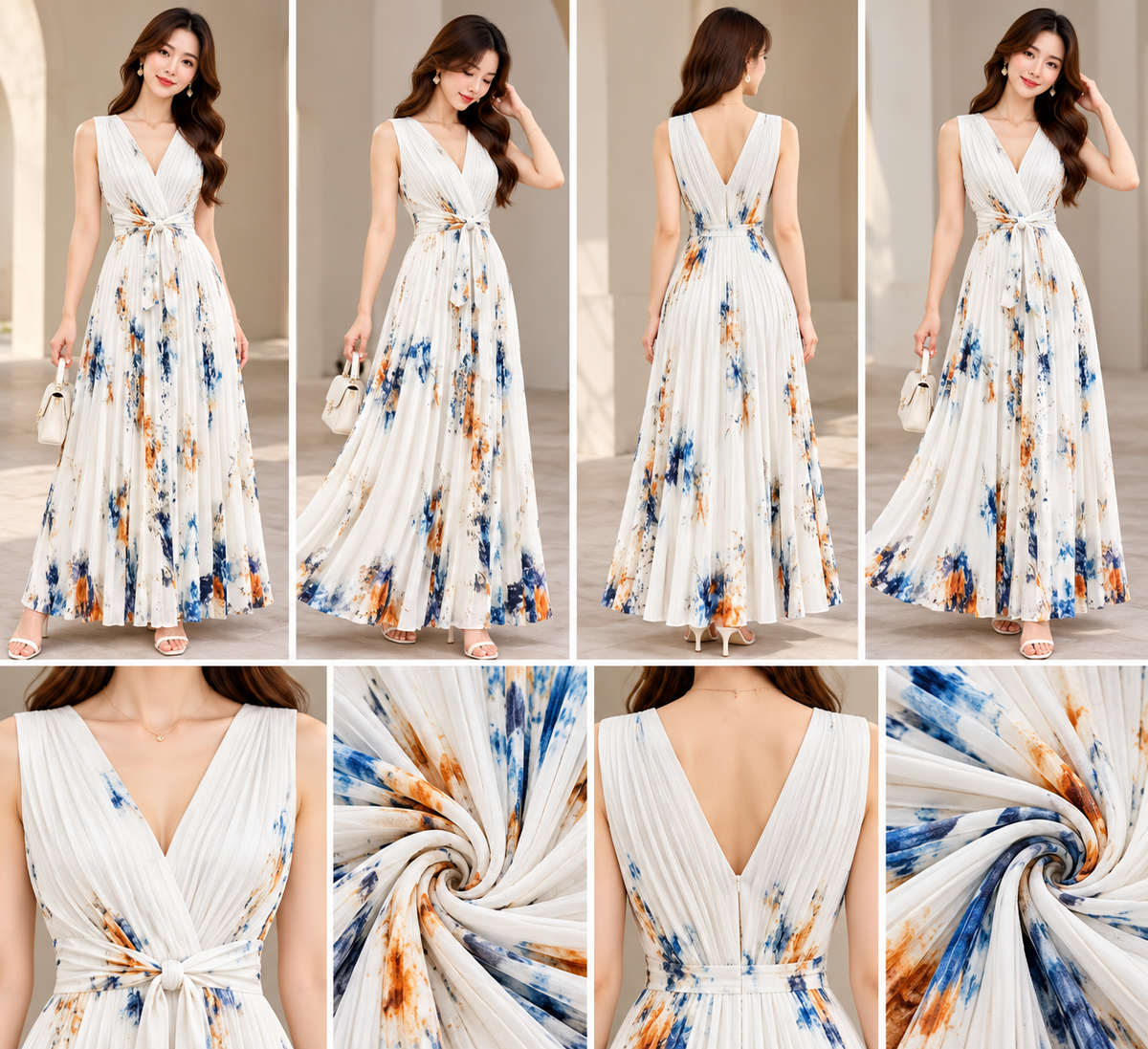 White sleeveless pleated V-neck maxi dress with blue orange abstract floral print and tie waist
