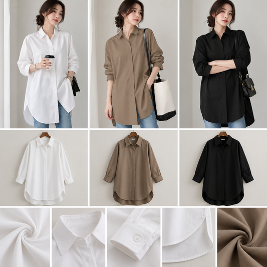 Women's oversized long sleeve longline shirts in white taupe and black with curved hem